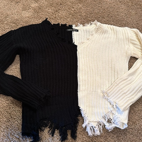 Shein Two Tone Drop Shoulder Distressed Trim Sweater 🧡 - Picture 5 of 7